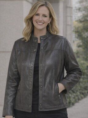 Chico’s Faux Leather Metallic Black Jacket Chicos Size 3(XL)